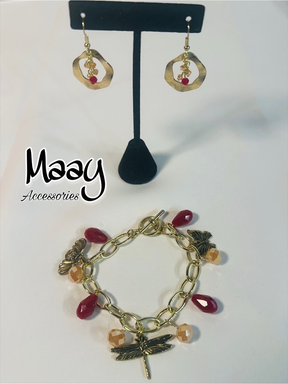 Maay Accessories Gold-Tone Earrings with Red and Peach Beads - Picture 1 of 2